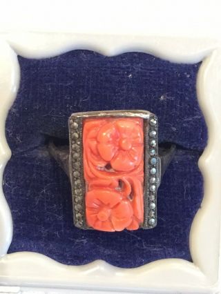 Antique Art Deco Silver Carved Coral & Marcasite Ring