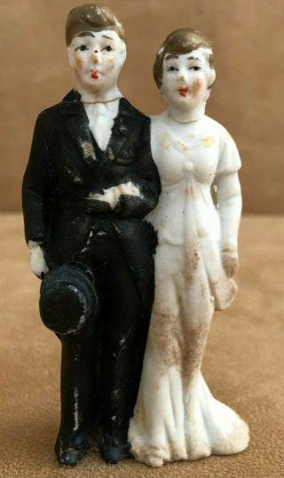 Vintage Wedding Cake Topper Porcelain 4 " Bride And Groom Brunette 1940s