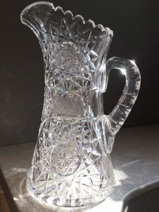Antique Vtg Abp American Brilliant Cut Crystal Glass Pitcher Hobstar 10 " Exc.