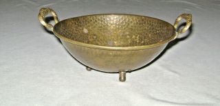 Vintage Hammered Brass Footed Bowl Ornate Cast Brass Handles