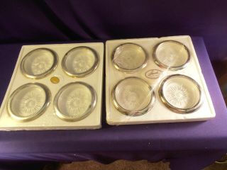 8 Vintage Silver Plate Pressed Glass Ashtray Coasters.  Leonard Italy Crystal Nib