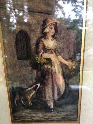 Antique Watercolor Signed Goeke? Lady With Basket Yellow Flowers Dog