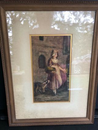 Antique Watercolor Signed Goeke? Lady with basket yellow flowers dog 2