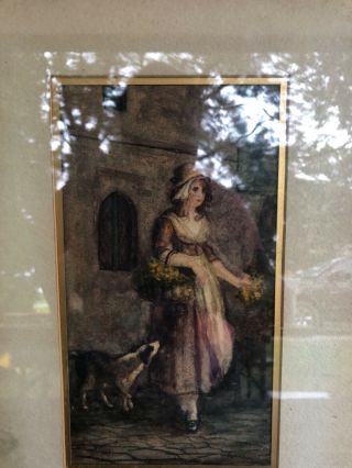 Antique Watercolor Signed Goeke? Lady with basket yellow flowers dog 5