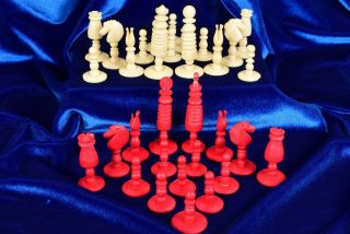 Fabulous Antique Carved Red/white Chess Set Bone W/ Box