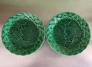 Antique Majolica Green Leaf Plates X 2