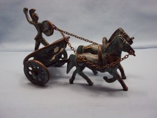 Small Ancient Greek Bronze Achilles Horse Drawn Chariot Green Gold Oxidization