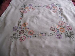 Vintage Cream Linen 39 " X 39 " Tablecloth Hand Embroidered With Pretty Flowers