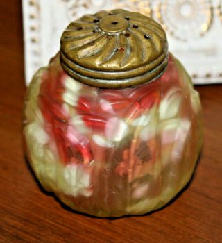 Antique Cranberry/ Pale Green Art Glass Muffineer Sugar Shaker Raised Leaves