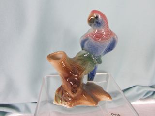 Antique Royal Copley Parrot Vase Ceramic Figurine Tree Branch 5 Ins Tall Red Blu