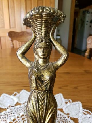 Antique Table Lamp Part Figurines Woman Carrying Basket Fruit Spelter 10.  75 
