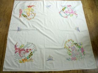Hand Embroidered Cream Tablecloth Crinoline Ladies On Garden Swings,  Sunflowers