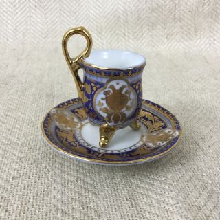Miniature Teacup And Saucer Hand Painted English Porcelain Cobalt Blue Gold