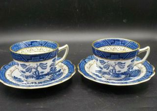 2 Antique Booths Real Old Willow Blue & Gold Scalloped Coffee Cups & Saucers