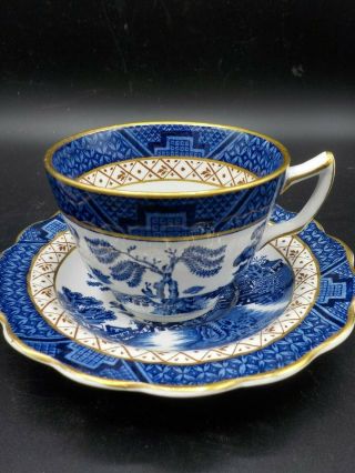 2 Antique Booths Real Old Willow Blue & Gold Scalloped Coffee Cups & Saucers 2