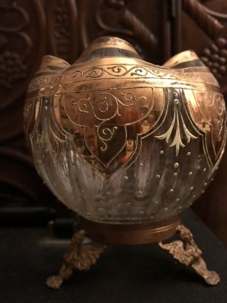 Antique Moser Art Glass Enameled Rose Bowl C.  1885 Gilded Bronze Griffin Base