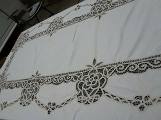 Vintage Cream Linen Madeira Work Hand Embroidered Large Oblong Tablecloth