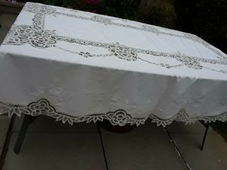 Vintage Cream Linen Madeira Work Hand Embroidered Large Oblong Tablecloth 3