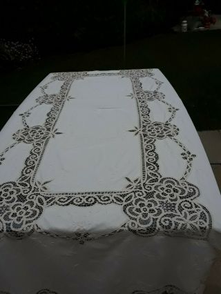 Vintage Cream Linen Madeira Work Hand Embroidered Large Oblong Tablecloth 4