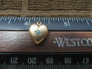 Antique Vintage Tiny Puffy 1/2 " Heart Charm 1/20 10k G.  F.  Blue Turquoise Bead