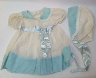 Vintage 1940s - 1950s Organd Blue & White Doll Dress & Bonnet For 18 " Doll -