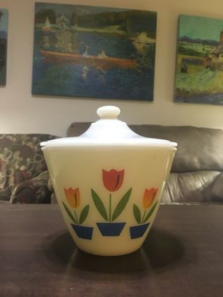 Vintage Fire King Tulip Anchor Hocking Grease Mixing Bowl Jar Flowers Antique