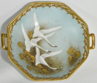 Antique Nippon Noritake Morimura Hand Painted Octagonal Swan Bowl - Stunning