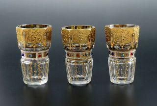 Antique C1890 Bohemian Crystal Glass Hand Painted & Gilded Jeweled Shot Glasses