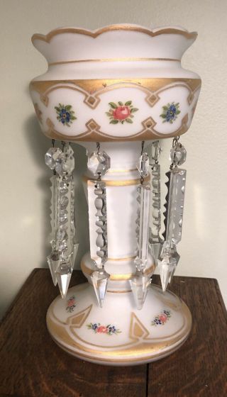 Ant.  Centerpiece/compote/vase,  Painted And Gilt Frosted Glass W/crystals Germany