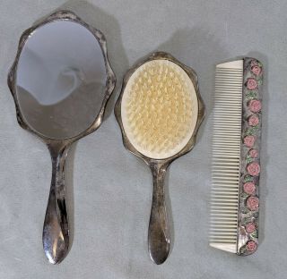Mld Antique Silver Plated Rose Themed Vanity Set Comb,  Hair Brush & Hand Mirror