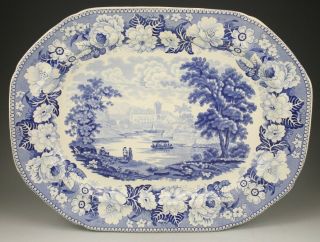 Antique Pottery Pearlware Blue Transfer Elkins Jedburgh Abbey 15 " Platter 1825