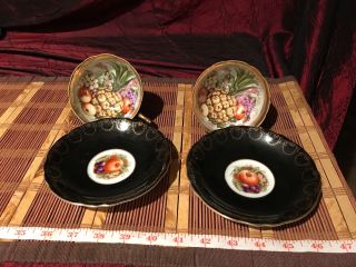 2 Royal Sealy China,  Cup & Saucer Black Gold Fruit Pattern Japan Teacup Set