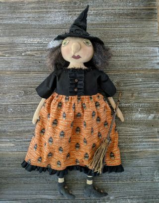 Primitive Halloween Witch Doll With Broomstick,  Handmade