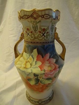 Large Antique 12 " Nippon Vase Hand Painted Floral Gold Gilt Beaded W/handles