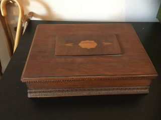 Vintage Carved Decorative Wood Box,  Hinged Lid With Inlay,  13.  5 " X 9.  5 " X 3.  5 "