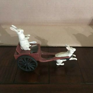 Antique Cast Iron Rabbit Being Pulled By A Rabbit In A Cart Wheels Work