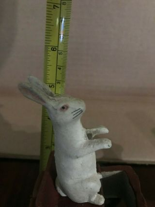 ANTIQUE CAST IRON Rabbit Being Pulled By A Rabbit In A Cart Wheels Work 2