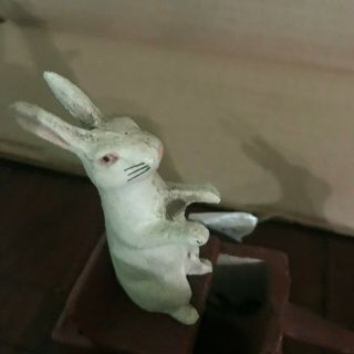 ANTIQUE CAST IRON Rabbit Being Pulled By A Rabbit In A Cart Wheels Work 6
