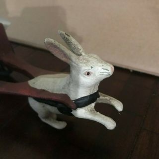ANTIQUE CAST IRON Rabbit Being Pulled By A Rabbit In A Cart Wheels Work 7