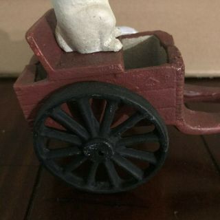 ANTIQUE CAST IRON Rabbit Being Pulled By A Rabbit In A Cart Wheels Work 8
