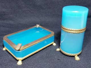 Antique French Blue Opaline Art Glass Gilt Ormolu Bronze Lighter & Ashtray Set