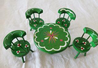 Small Doll House Funiture Painted Green Tole Floral Wood Table 4 Chairs Kelly