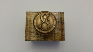 Vintage Brass Monogrammed Doorknob With Raised Letter S On Exotic Wood Block