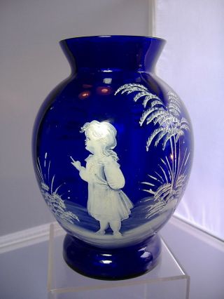 Mary Gregory Cobalt Vase With Girl And Stick - 6 " Tall