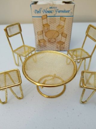 Vintage Brass Doll House Furniture Round Table And Chairs 2