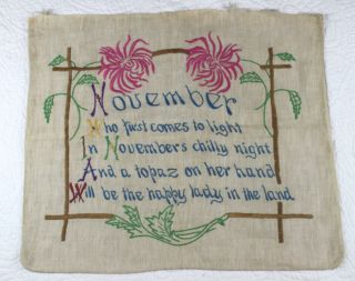 Vintage Antique Embroidered November Lady Topaz Pillow Case Cover Unfinished