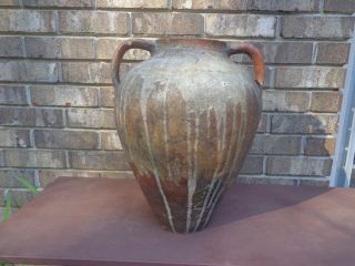 Antique 19th Century Terracotta Redware French Confit Pot With Dripping Glaze