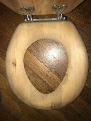 Antique Salvaged Oak Toilet Seat Heart Shaped Hardware Hinges Vintage SANDED 3