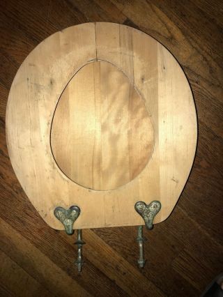 Antique Salvaged Oak Toilet Seat Heart Shaped Hardware Hinges Vintage SANDED 5