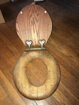 Antique Salvaged Oak Toilet Seat Heart Shaped Hardware Hinges Bathroom Vintage